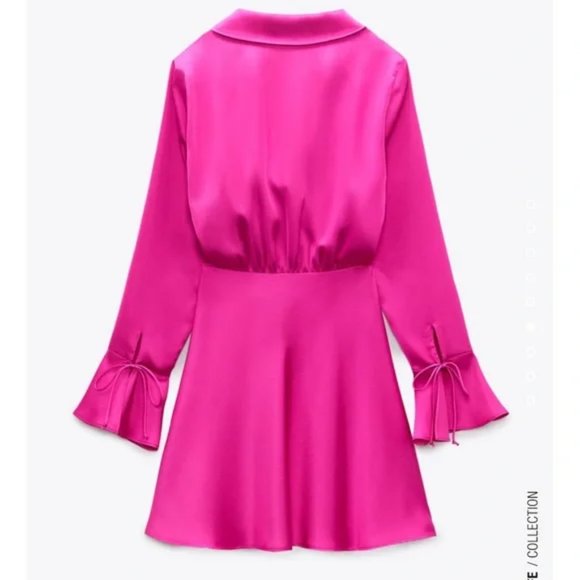 ZARA Satin Effect Mini Dress Fuchsia - Picture 9 of 12